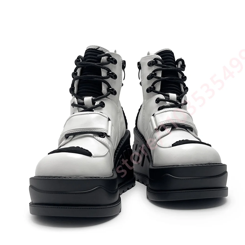 Women White Black Platform Wedge Ankle Boots Round Toe Lace Up Buckle Strap Zipper Thick Sole Punk Gothic Fashion Short Boots