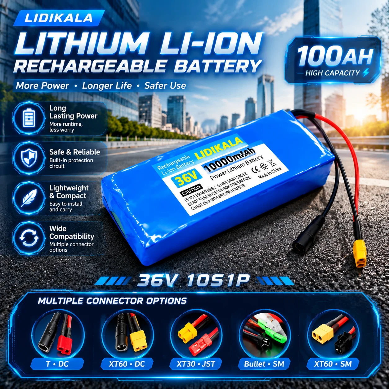Batteria ricaricabile agli ioni di litio 36V 100Ah 10S1P, scheda di protezione integrata sicura, batteria al litio portatile per e-scooter, e-bicicletta, alimentazione esterna.
