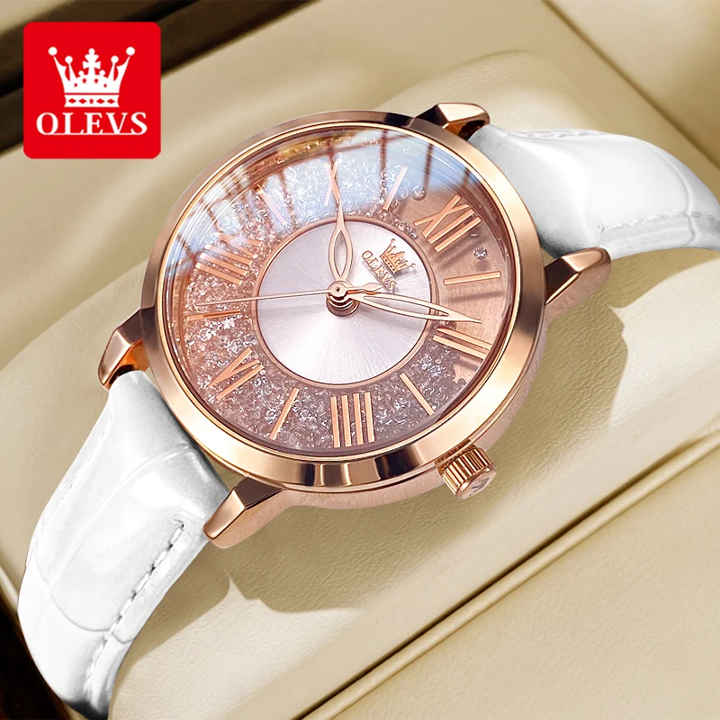 OLEVS 5539 Quartz Watch for Women Flowing Crystal Design Roman Numeral Scale Ladies Wristwatch Leather Strap Waterproof Watches