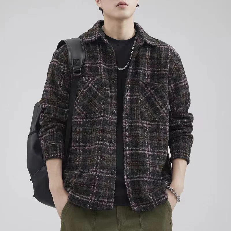 

Men's Plaid Woolen irt Casual Loose Long Sve Autumn Spring Vintage American High Street Faion Outerwear