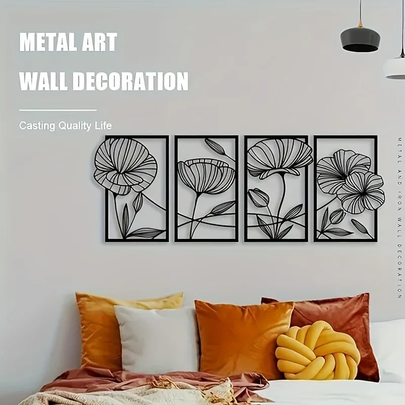 Hello Young  4pcs Metal Flower Home Decoration Flower Abstract Wall Hanging Sculpture Minimalist Wall Decoration Home Wall Art