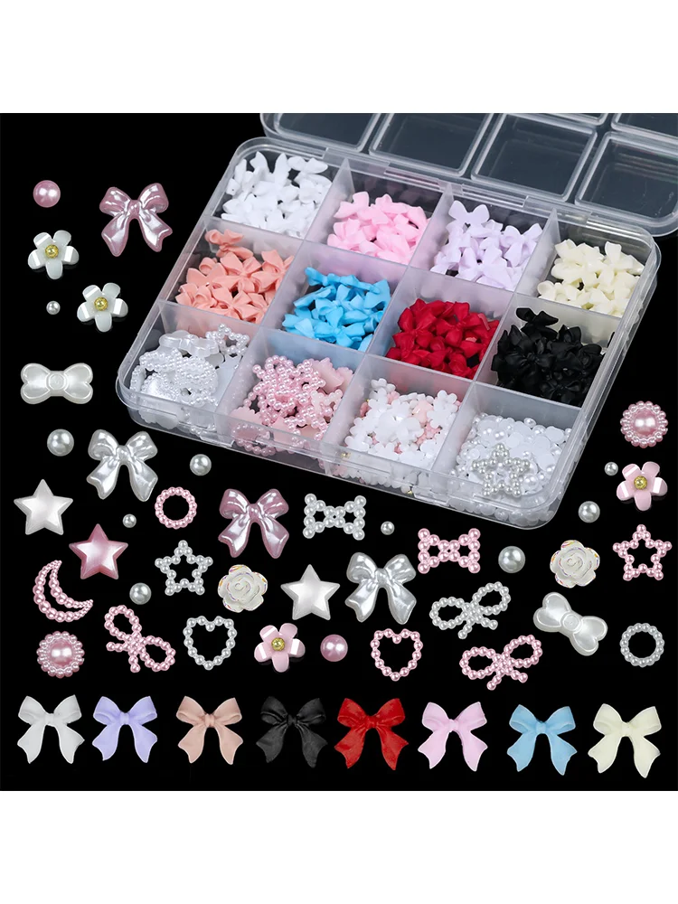 12 Grids/Box 3D Mixed Bowknot Perle Herz Nagel Charms Flatback Harz Blume, Stern, Mond Nagel Strass DIY Nail art Dekorationen &