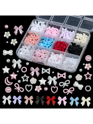 12Grids/Box 3D Mixed Bowknot Pearl Heart Nail Charms Flatback Resin Flower,Star,Moon Nail Rhinestones DIY Nail Art Decorations &