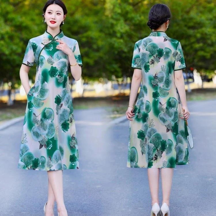 فستان صيفي نسائي جديد نسخة طويلة أوائل الربيع فستان مطبوع عصري على الطراز الصيني