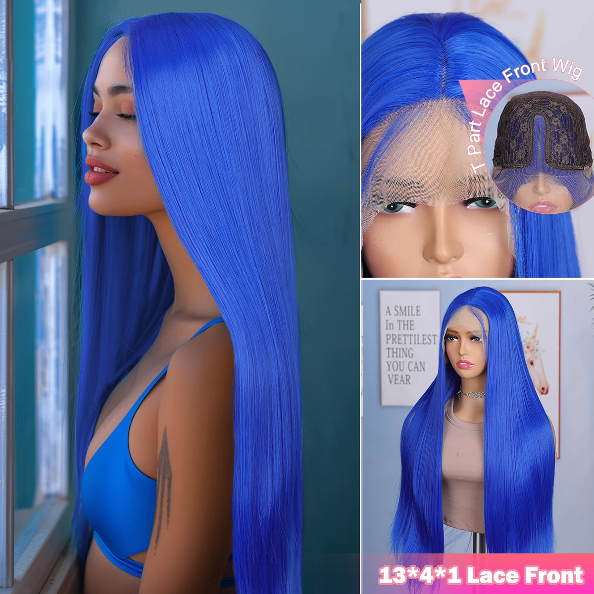 Blue ColorTranspaenrt Lace Front Synthetic Part Wig For Black Women Cosplay Daily Long Bone Straight Preplucked Natural Hairline