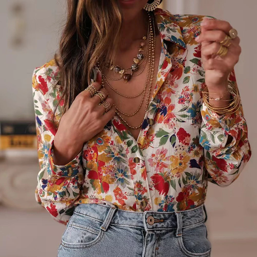 2025 Autumn Casual Long Sleeve Blouse Printed Collar Shirt For Women For Leisure Vacation Temperament Loose Top Woman Clothes