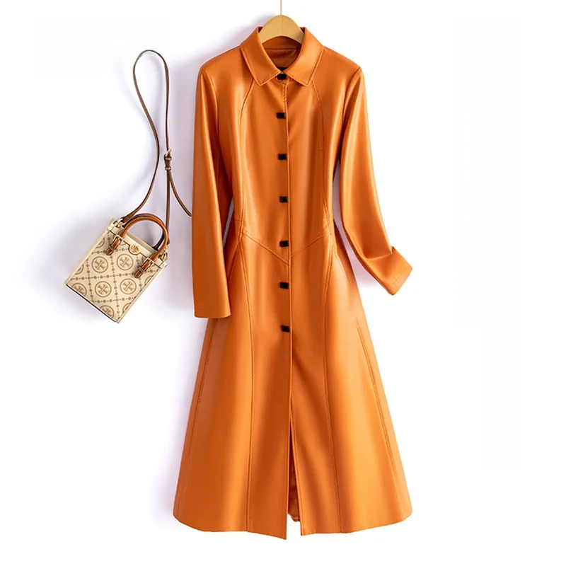   معطف نينج من الجلد الطبيعي للنساء متوسط الطول، موديل ربيع 2025 الجديد من جلد الحملان، معطف أنيق نحيف الخصر