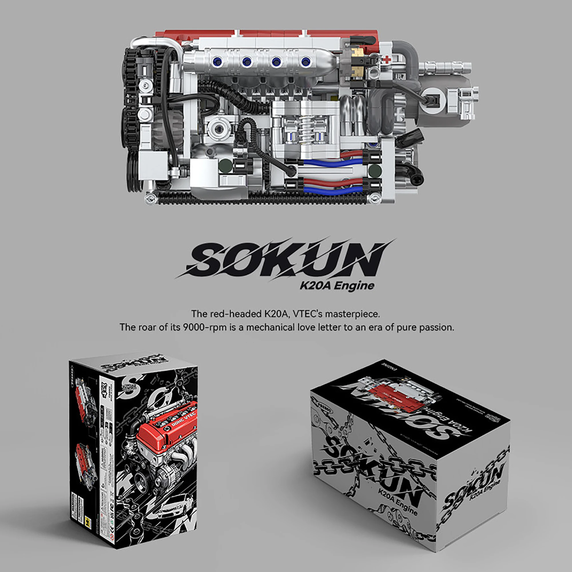 907-teiliger K20A Motor Bausatz PB8860 Technische SOKUN Auto Fahrzeugmotor Ornament Sammlersteine Spielzeug für Erwachsene Geschenke