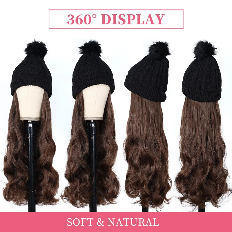 Fashion Hat Wig Brimless Cap with Long Curly Wave Hair Extensions Knitted Synthetic Removable Hairs Piece for Women Winter Use