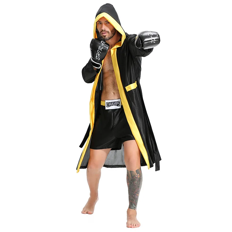Männer Kapuze Thai Boxing Training Robe mit Gürtel Rand Boxing Match Satin Boxer Jacken Cosplay Herren Langarm Umhang Robe Uniform