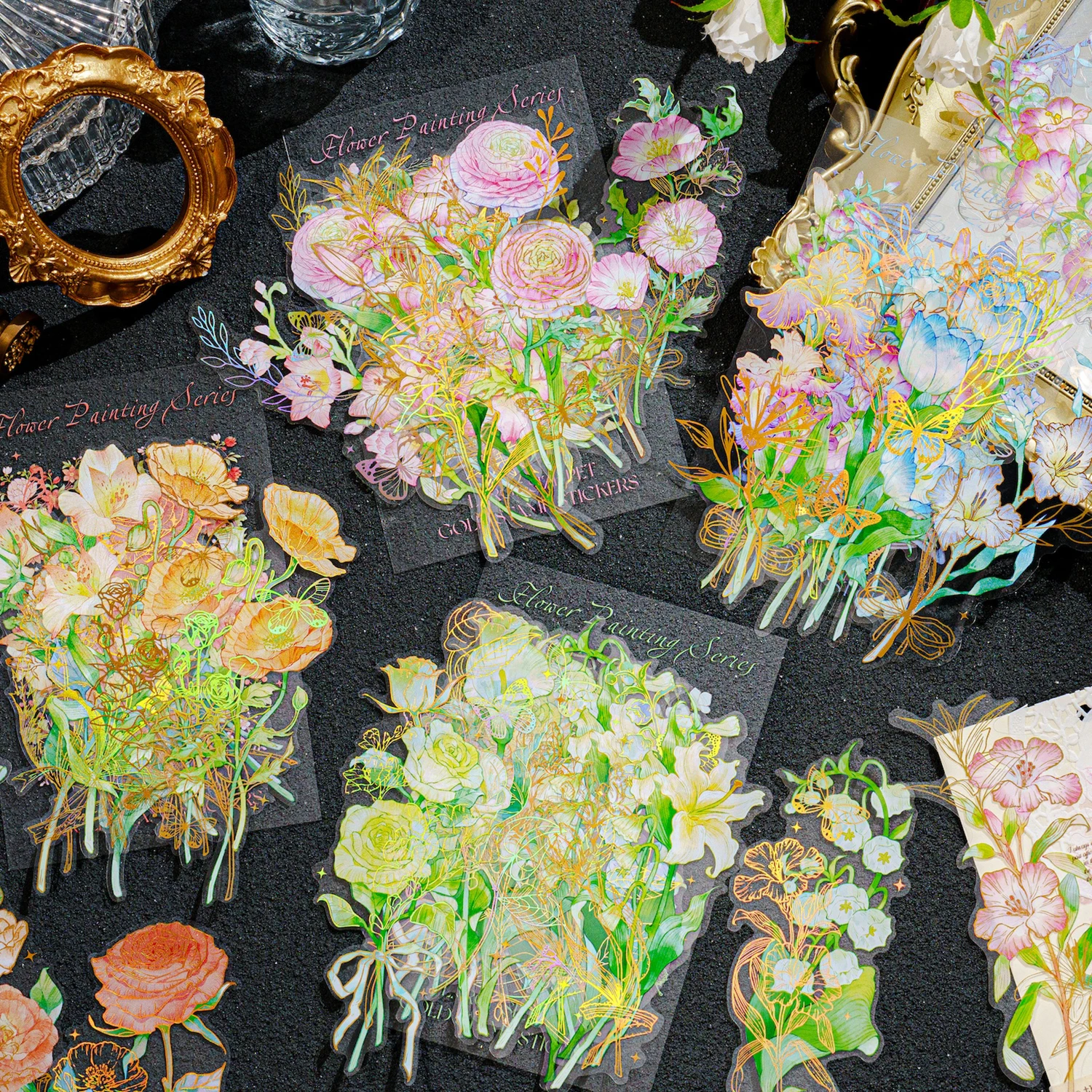 10 pcs Flower Painting Collection Series Large Size Gold Stamping PET Sticker DIY Scrapbooking Diary Collage Decorative Stickers