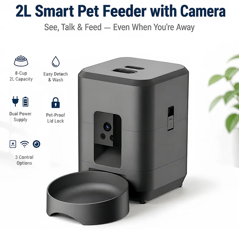 Smart Pet Feeder 2L with Camera Live View, App Remote Feeding , Anti-Tamper Lid Lock Jam-Free Feeder