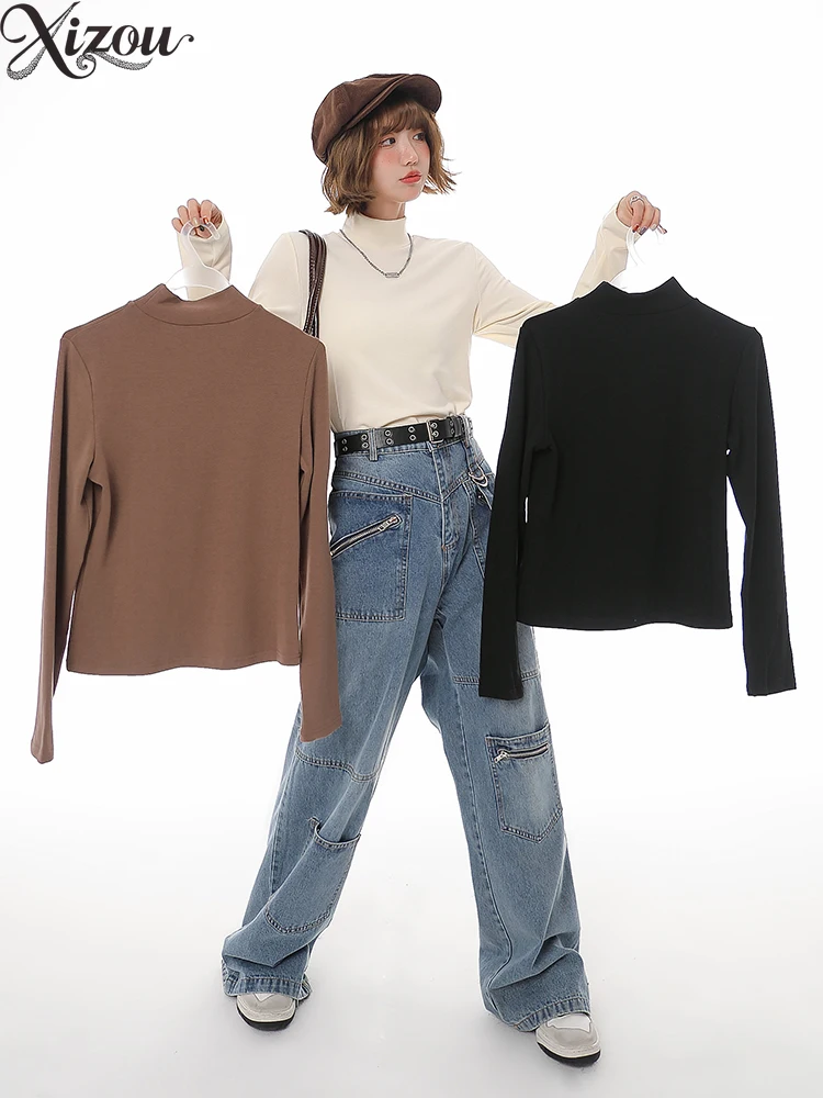 2025 женский осенне-зимний пуловер, свитера на флисовой подкладке, вязаная водолазка с воротником и длинным рукавом, толстый облегающий флисовый однотонный ям