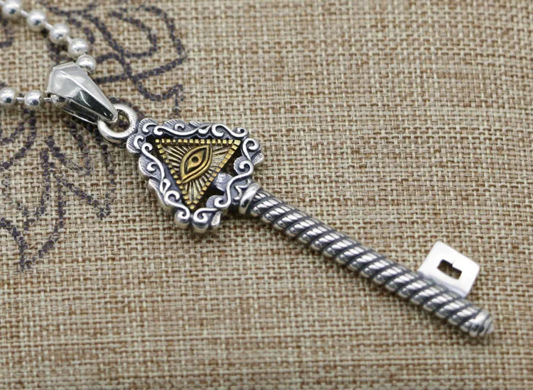 

S925 Sterling Silver Vintage Thai Silver Key Pendant Nelace Creative Letter Keychain Charm Devil's Eye Taan Jewelry
