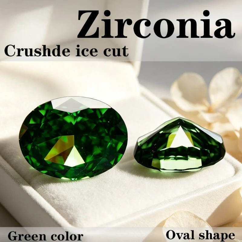 Kubischer Zirkonia Stein, ovale Form, Crushed-Ice-Schliff, grüne Farbe, CZ 4K-Schliff, 5A+ Qualität, Laborproduktion – Detail 1