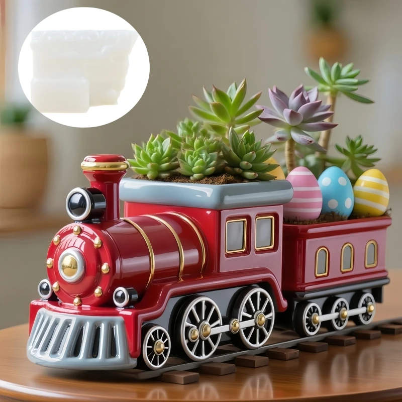 Moule en silicone pour pot de fleurs succulentes en forme de locomotive, boîte de rangement, moule en béton, moule en gypse pour bougie en forme de moteur de train