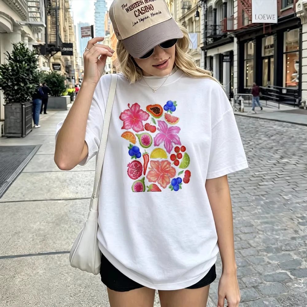 Exotic Tropical Fruit Floral Pattern Hibiscus Papaya Watermelon Lime Cherry Blueberry Chili Pepper White Crew Neck Short Sleeve