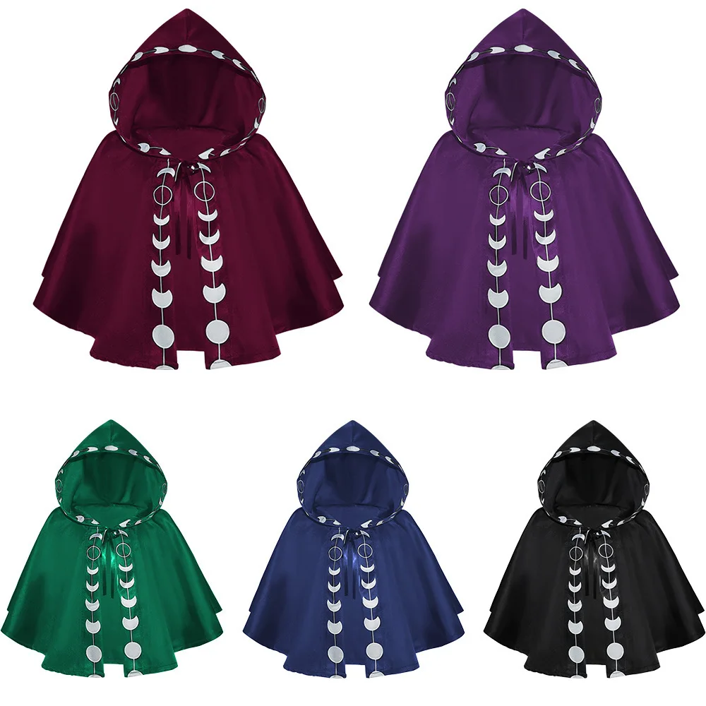 

loween Medieval Cosplay Stage Performance Costume 5 Colors Hooded ort Printed Cloak for Women's Traditional Stage Wear