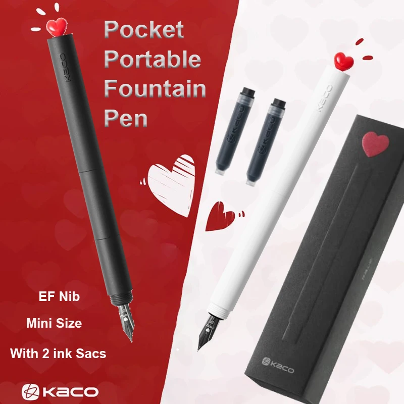 

New KACO Cute Fountain Pen Set Creative 3D Red Tip Surprise Leakproof Heart Engraved EF Nib, Free 2 Ink Sacs, Novel Stationery