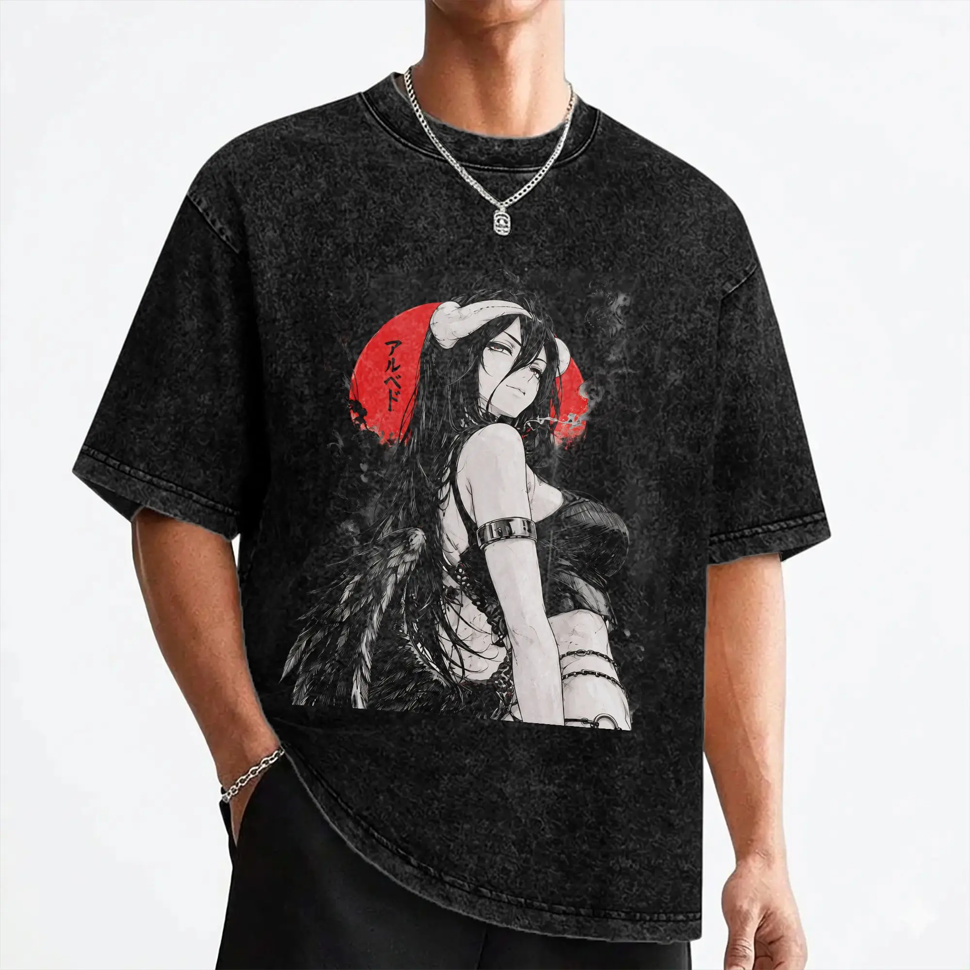 Albedo Japanese Anime T Shirt Washed Short Sleeve Oversize T-Shirts  Vintage for Men Women Streetwear Graphic Printed Tops Tees