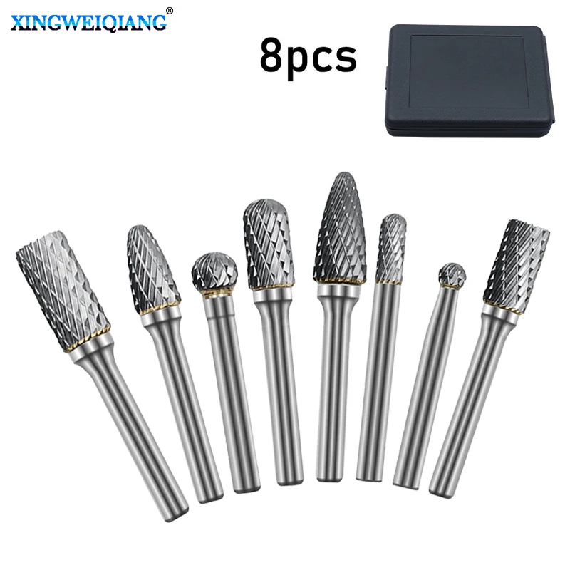 8PCs Tungsten Steel Rotary Files Burr Drill Bits 6mm Shank Cylindrical Cut Rotary File for Dremel Abrasive CNC Engraving Grinder