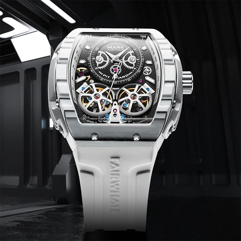 

Mark Fairwhale Men Automatic Watch Luxury Carbon Fiber Bezel Tonneau Mechanical Wristwatch Luminous Skeleton Double Tourbillon
