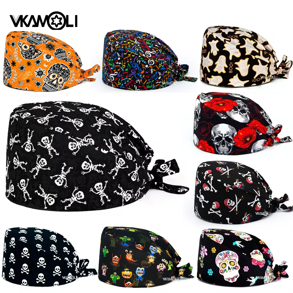 Halloween print chirurgische petten vrouw en man medische scrubs cap schedelprint operatie cap winkel laboratorium schoonheid werkaccessoires