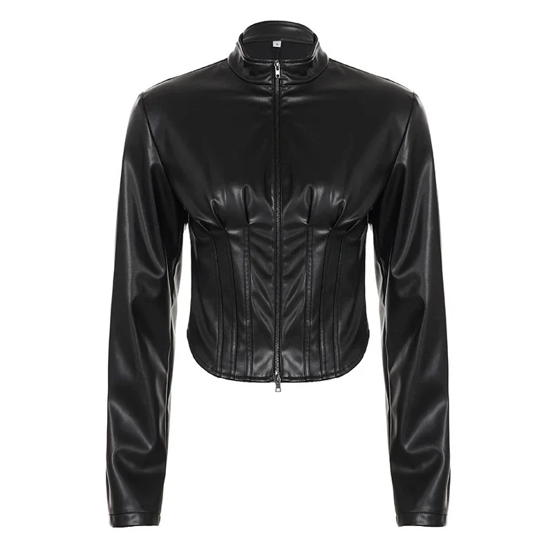 PU Leather Moto Jacket Vintage Stand Collar Waist Zip Slimming Oversized Biker For Women Streetwear Party Night Edgy Gothic