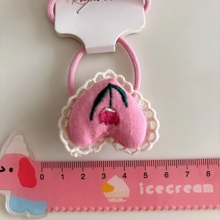 甘いガーリーレーストリム刺繍ハートふわふわシュシュ生地ヘアネクタイ韓国スタイルのヘアアクセサリー