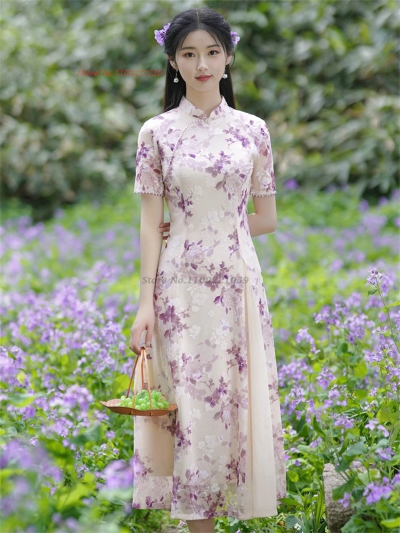 2025 vietnamese aodai improved cheongsam dress qipao national flower print fairy dress oriental banquet evening dress vestido