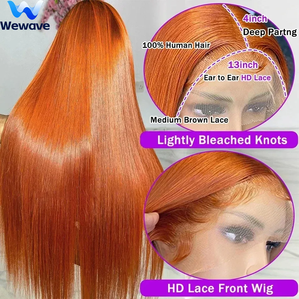 

Накладные прямые парики из натуральных волос Wewave, парик-«косточка» прямой формы, имбирный парик из натуральных волос, парик с HD-кружевом 350, бразильские парики 13x6 с оригинальными детскими волосами