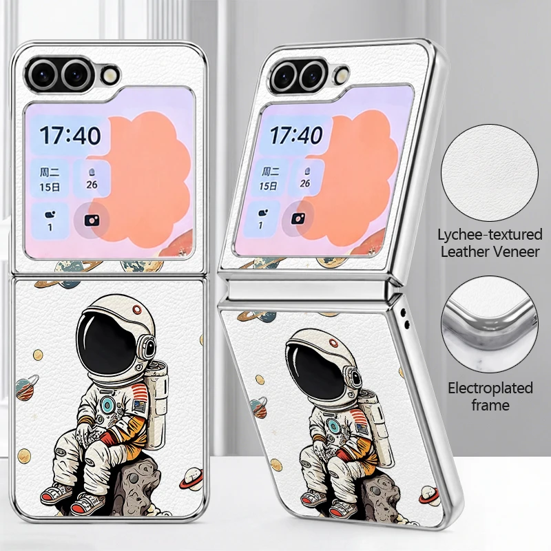 Cute Astronaut Pattern PU Leather Phone Case For Samsung Galaxy Z Flip7 FE Flip6 Flip 7 6 5 5G Silver Plating Frame Hard Cover