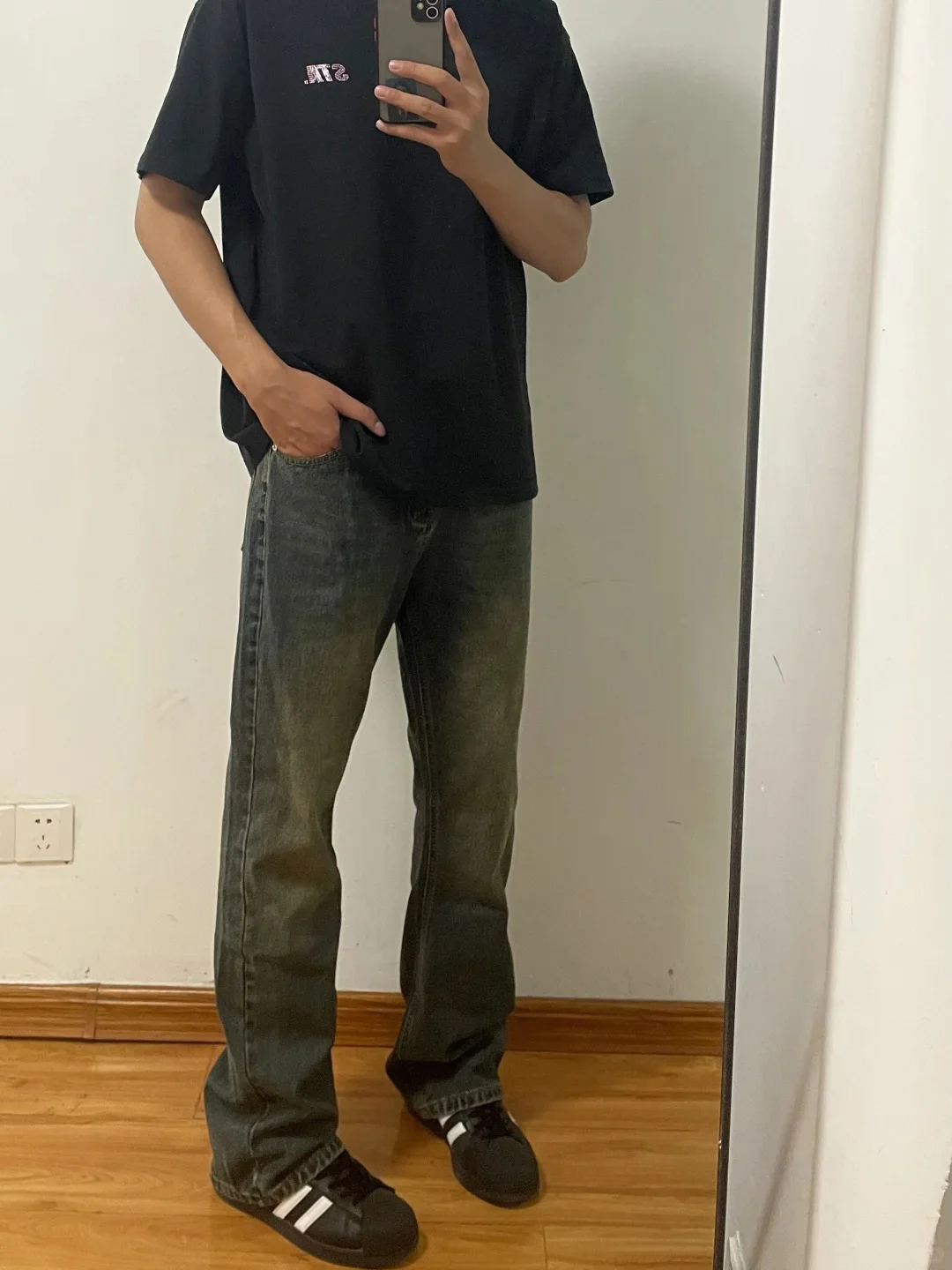 

American High Street Vibe Straight Leg Retro Jeans Men's Elastic Slimming Cleanfit Bell Bot Youthful Trendy Cotton Blend