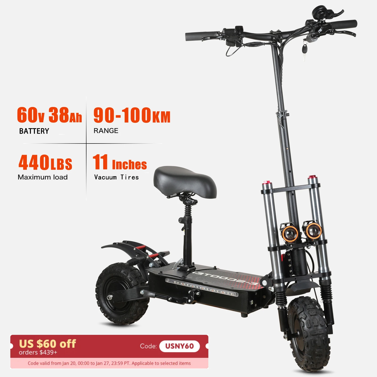 Off-road Electric Scooter with Seat,60V 38Ah Battery,60 Miles Range,440 Lbs Loading,50 Mph Fast Electric for Adults