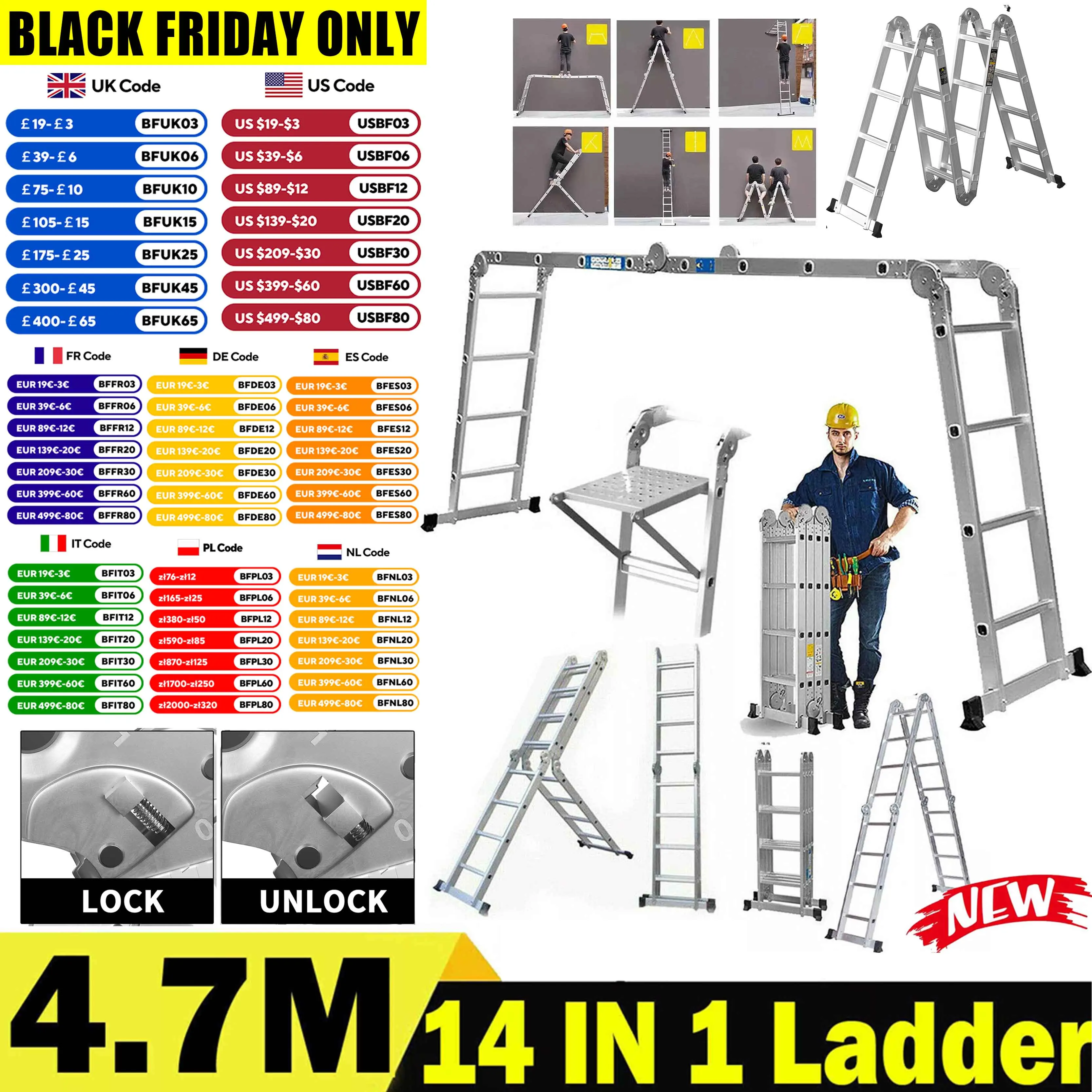 4.7m Folding Ladder Multi-Purpose Aluminium Extension with Safety Platform, 16 Steps Heavy Duty Combination EN131 Standard