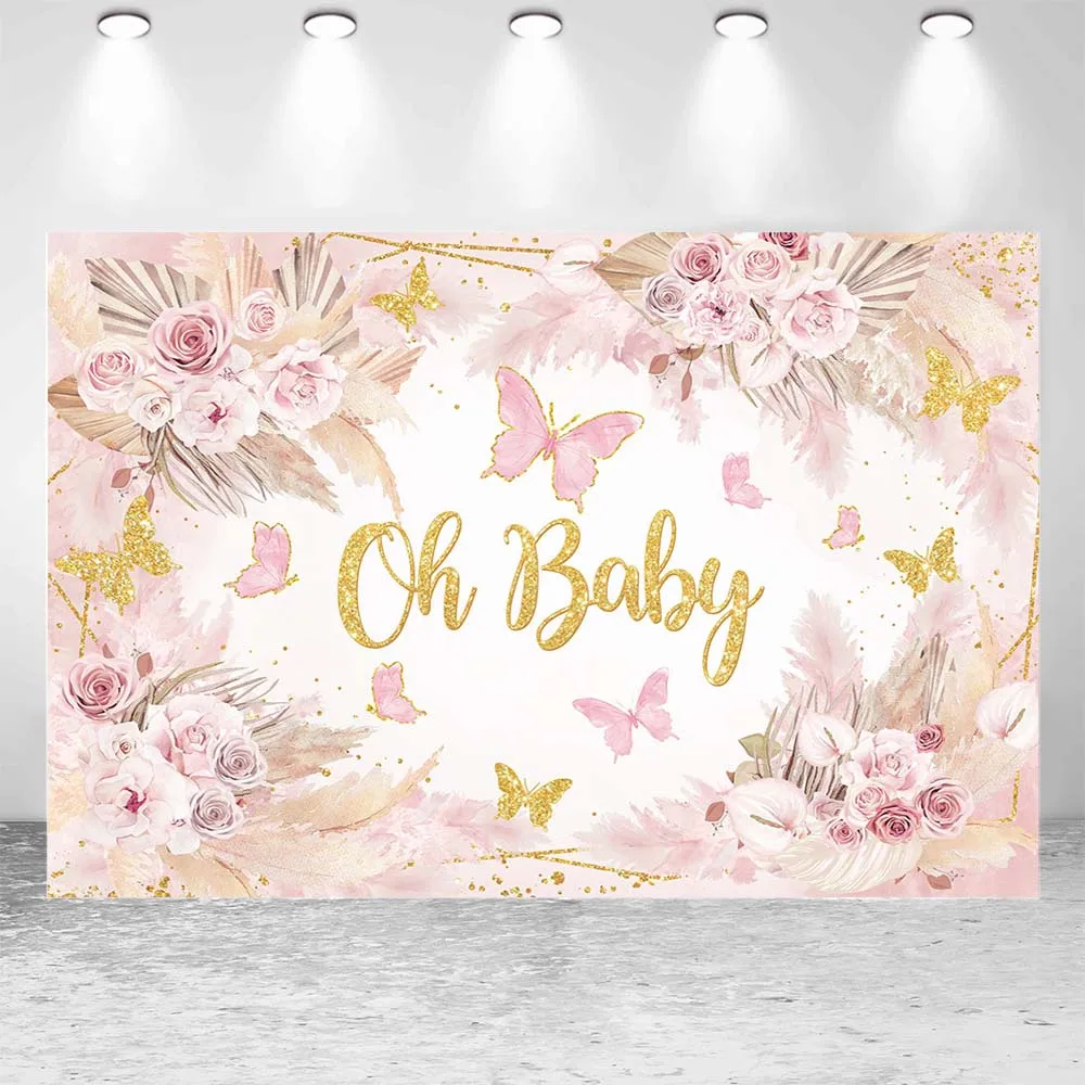 Mocsicka Bohemian Baby Shower Backdrop Boho Flowers Pampas Grass Butterfly Pink Girl Welcome Party Decor Photo Background Banner