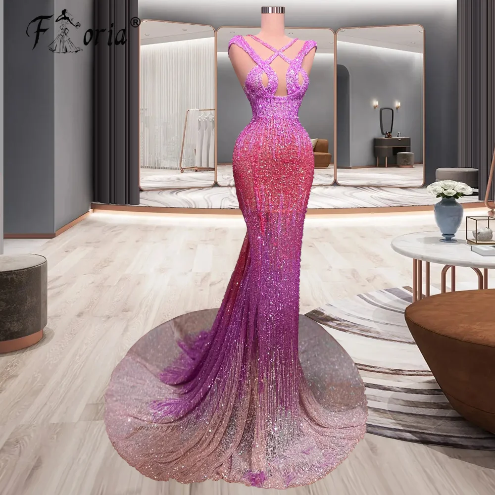 

Luxury Pink Mermaid Formal Party Dress Sparkly Beaded Sequin Long Evening Dresses 2023 Special Occasion Gown Vestidos Festa