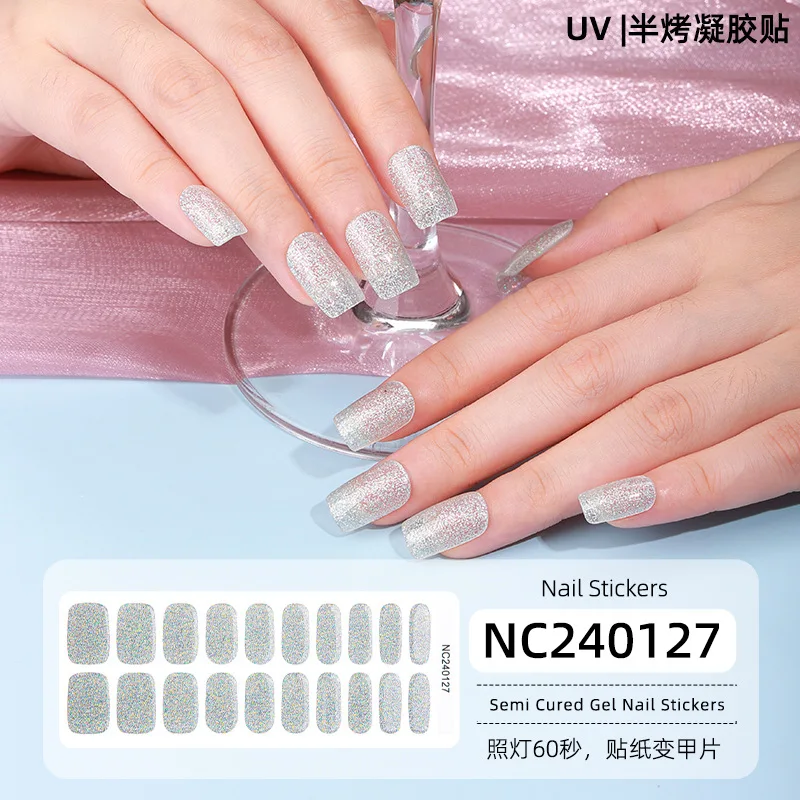 20Tips Explosion Flash Pure Gel Nail Wraps Enhancer Semi Curing Gel UV Half Roasted Nail Products Decorations Embossed Stickers