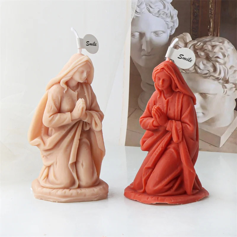 Silicone Religious Praying Holy Virgin Mary Sculpture Casting Mold Blessing Mama Mary Godmother Female Deity Aroma Candle Molds