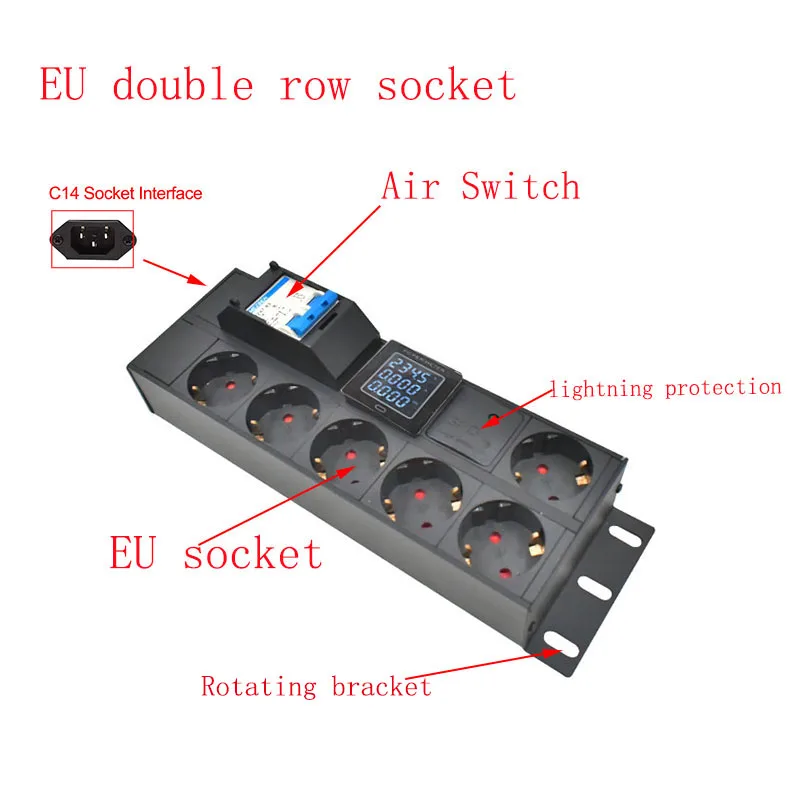 PDU power board network cabinet rack C14 port EU dual row socket 2-20A C with air switch lightning protection ammeter wireless