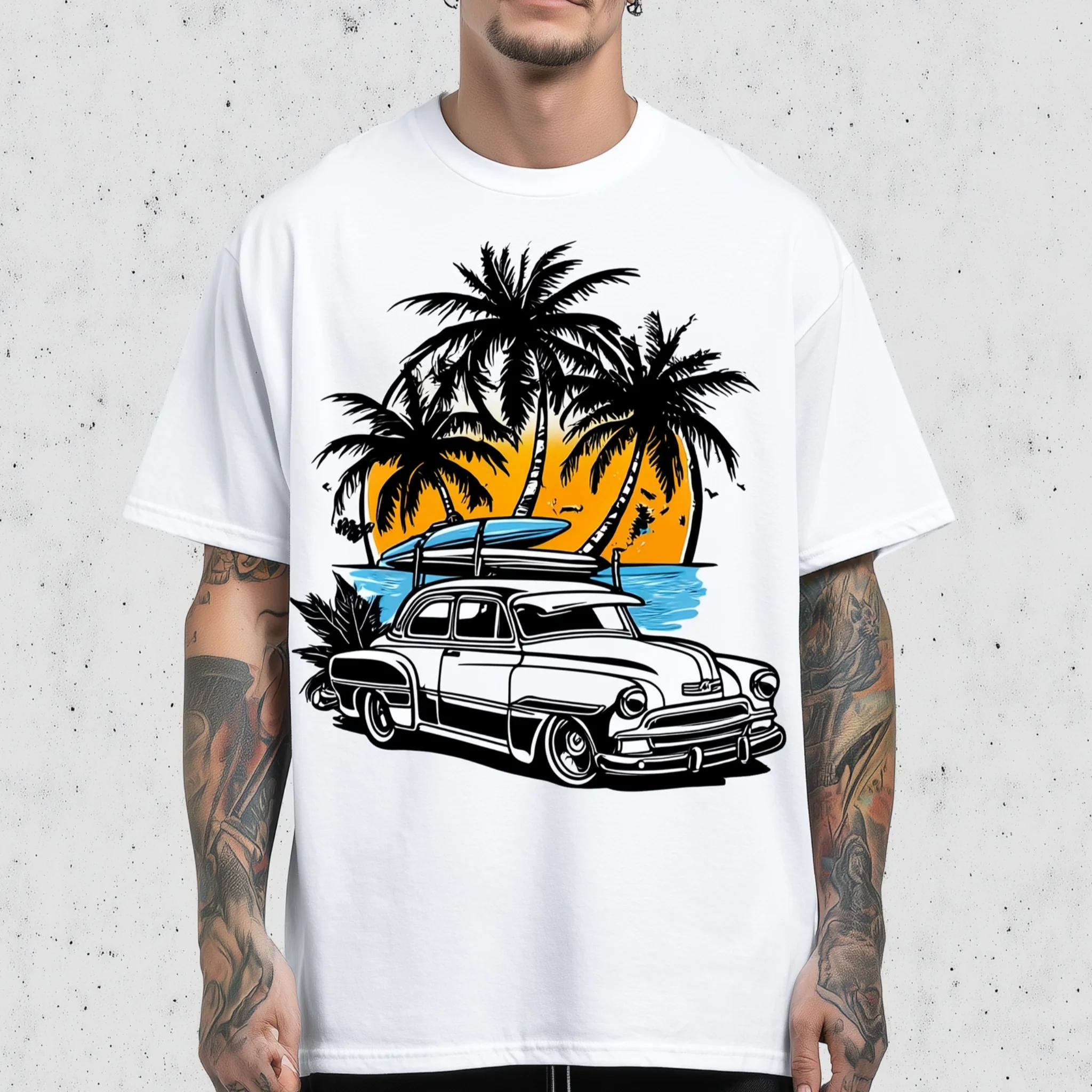 

Teevo Men's T-Shirt Vintage Car and Palm Trees Print for Beach Travel