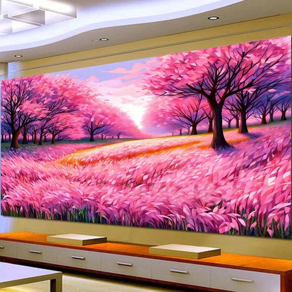 100x200cm Large DIY Diamond Painting Pink Tree Fields Natural Landscape Full Drills Diamond Embroidery Mosaic Cross Stitch H668