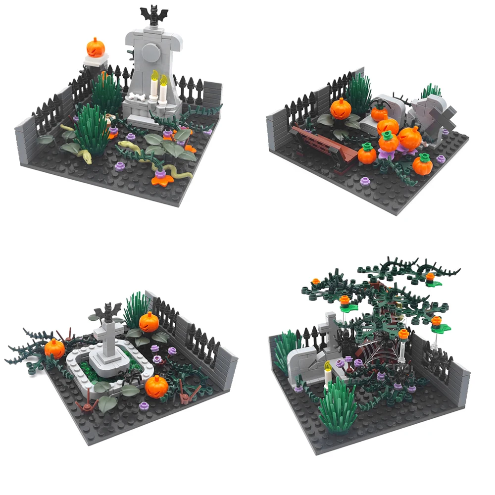 ハロウィン MOC 墓地シーンビルディングブロック壁墓石頭蓋骨ゴースト棺レンガのおもちゃ子供のギフトレゴと互換性あり