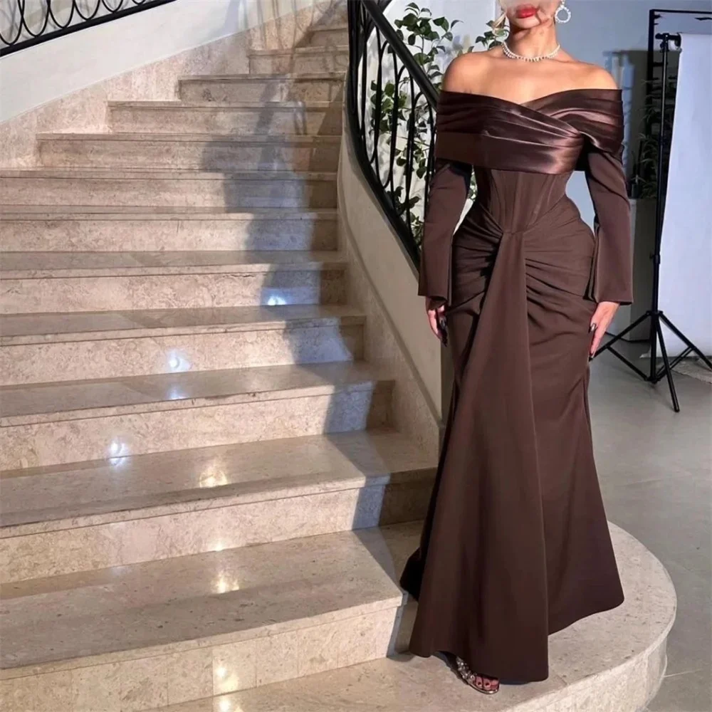 فستان حفلة موسيقية مخصص خارج الكتف، الساتان كم طويل مشد مطوي عارية الذراعين زيبر حفل زفاف ثوب Fساتين Shires #5