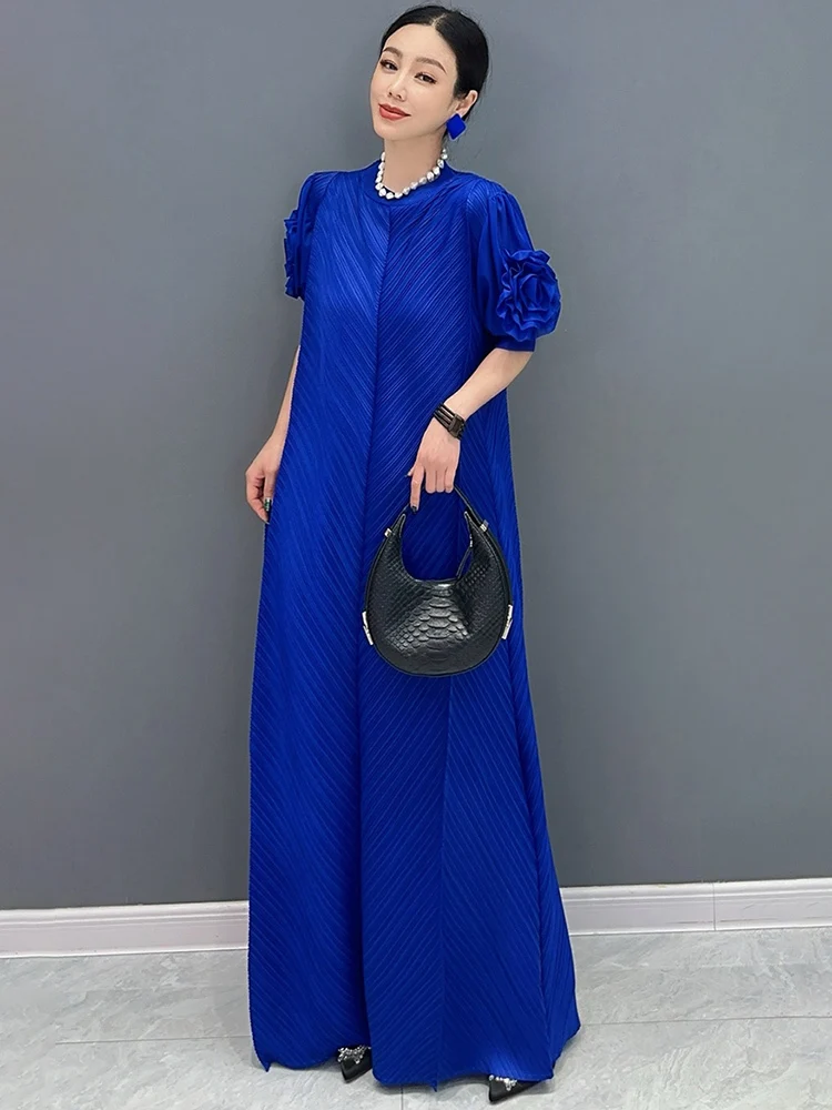 SHENGPALAE Pleat Solid Color Long Dress 2024 Summer New Round Neck Tie Flower Sleeves Elegant Ladies Big Swing Female Robe C1265