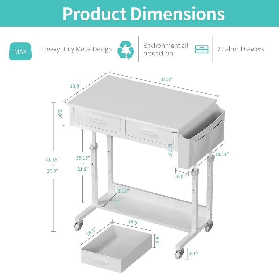Mesa Infantil Portátil Ajustável com Rodas e Gavetas, 32 Polegadas, Mesa de Maquiagem Móvel com Prateleira de Armazenamento
