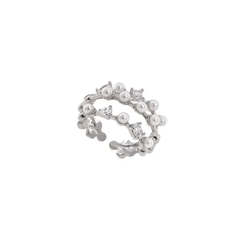 

925 Sterling Silver Sweet Multi-layered Pearl Star Zircon Adjustable Opening Ring for Women Fine Jewelry Minimalist Accessories