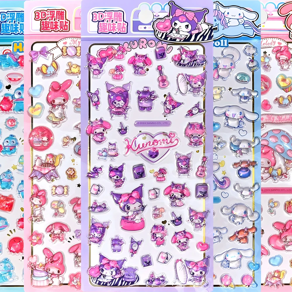

4pcs Cute Sanrio Series 3D Relief Crystal Stickers Kawaii Kuromi My Melody Ugly Fish Hanton Cartoon Decals Decoration Supplies
