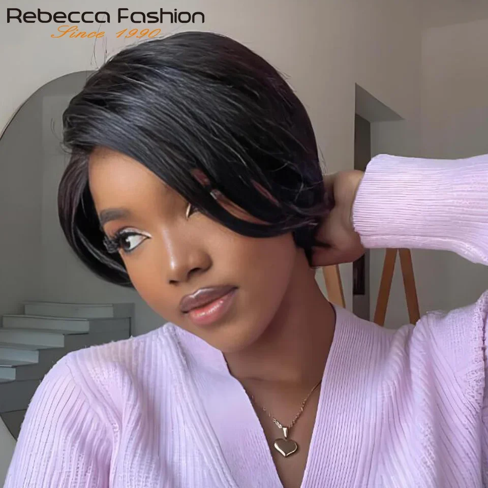 

Парик из натуральных прямых волос Pixie Short Cut, короткий боб с длинной боковой челкой, бразильский прямой боб-парик, полностью машинной работы