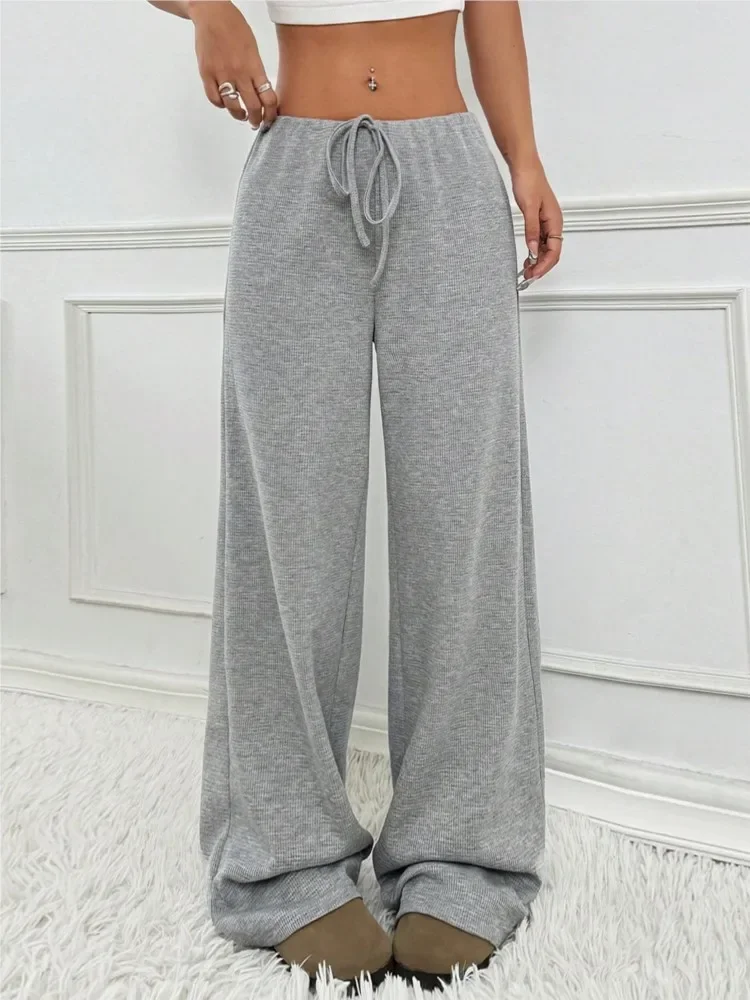 Spring Autumn Women's New Casual High Waist Drawstring Striped Printed Striped Elastic Rope Cotton Straight Leg Pants